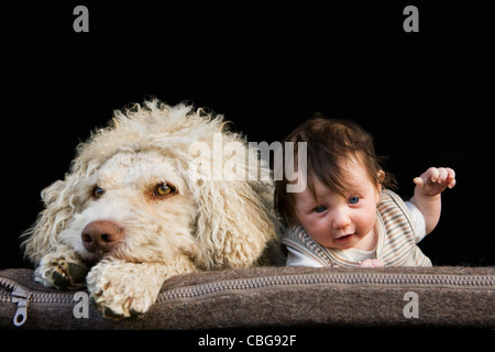 Un cane e il Bambino giacente sul loro stomaci fianco a fianco Foto Stock