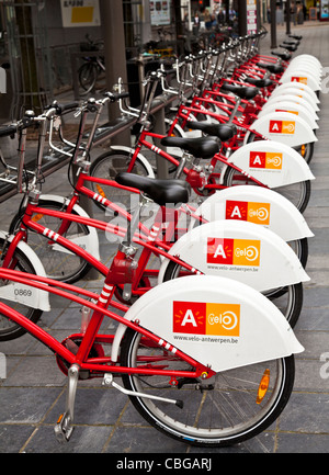 Una linea di biciclette a noleggio a un velo stazione nel centro di Antwerp, Belgio Foto Stock