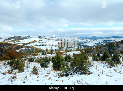 Ottobre Carpazi altopiano di montagna con la prima neve invernale e autunno foglie colorate Foto Stock