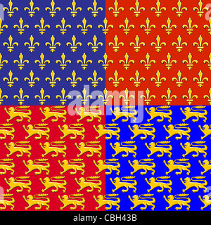 Modello senza soluzione di continuità con la tradizionale francese motivo araldico dei gigli d'oro (Fleur de Lis) e i Lions su una rossa e blu bac Foto Stock