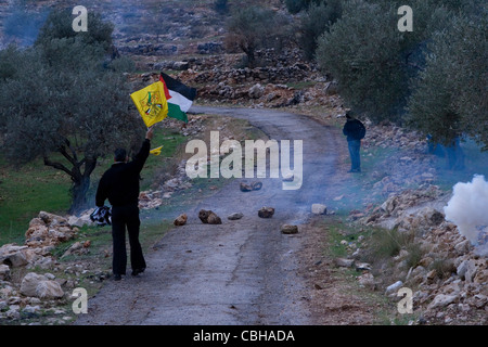 Un locale protesta palestinese vicino al villaggio palestinese di Bil'contro la Cisgiordania, Israele. Foto Stock