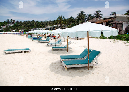 Sedie a sdraio e ombrelloni sulla spiaggia sabbiosa di vacanza spiagge della Baia di PATOK Pulizia su Raya Island, Phuket, Tailandia Foto Stock