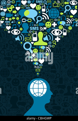 Singolo uomo figura concettuale di media sociali splash di comunicazione con il set di icone. Illustrazione Vettoriale file di sfondo disponibili. Foto Stock