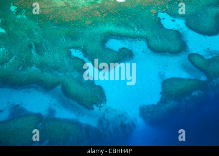 Coral reef vicino a Monuriki Island, Isole della Mamanuca, Figi, South Pacific - aerial Foto Stock