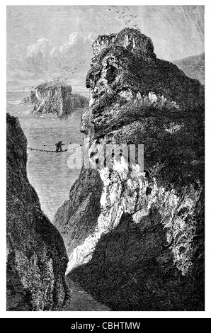 Carrick-a-Rede corda sospensione ponte Ballintoy Antrim Irlanda isola attrazione turistica attraversamento pedonale naturale di attraversamento Foto Stock