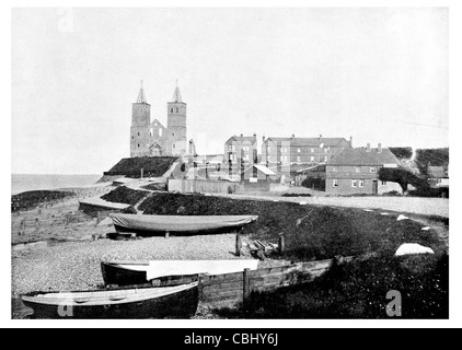 Reculver village resort costiero Inghilterra Twin towers St Mary's chiesa monastero Foto Stock