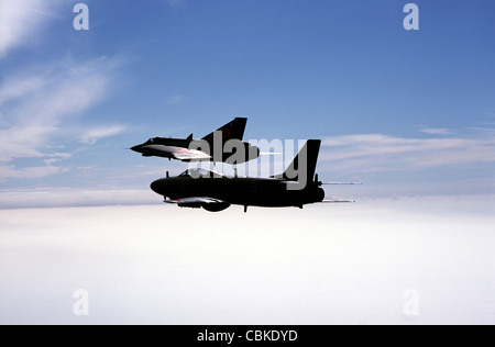 Saab J 32 Lansen e Saab 35 Draken fighters svedese della Air Force volo storico. Foto Stock