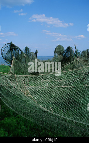 Le reti da pesca appesa per essiccamento a Curonian spit, Lituania, Paesi Baltici Foto Stock
