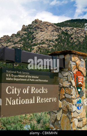 Segno segna la città di roccia della riserva nazionale e del parco statale nella contea di cassia, Idaho, Stati Uniti d'America. Foto Stock