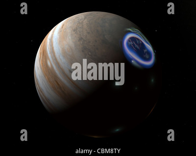 Artista del concetto di un aurora su Giove il polo nord. Foto Stock