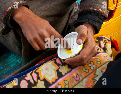 Un abitante di un villaggio vende zafferano in Dal lago, Kashmir Foto Stock