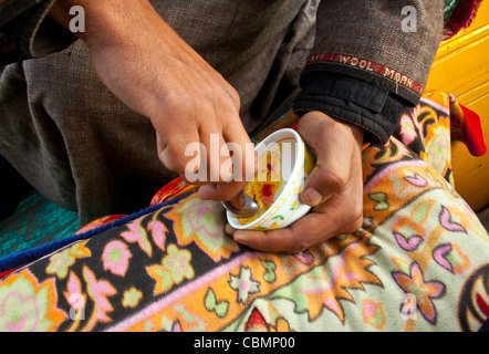 Un abitante di un villaggio vende zafferano in Dal lago, Kashmir Foto Stock
