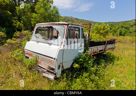 Abbandonato e arrugginito carrello nel campo Foto Stock