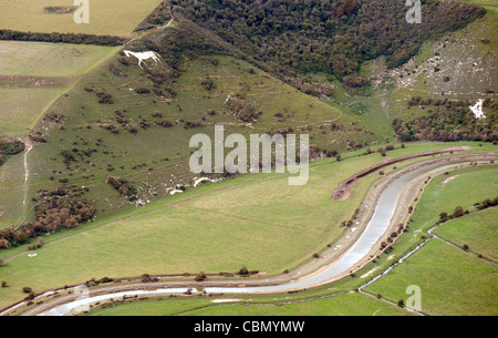 Vista aerea del cavallo bianco ad alta e oltre, Alfriston East Sussex, sopra il fiume Cuckmere Inghilterra Foto Stock