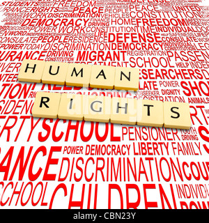 Parole diritti umani su un backround con lettere Foto Stock