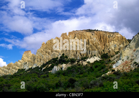 Anomalia eroso scarpata pendenza argilla Paritea scogliere vicino a Omarama, Waitaki Valley, North Otago, Isola del Sud, Nuova Zelanda Foto Stock