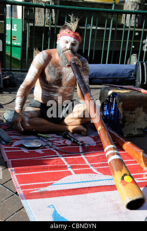 Un busker aborigeno che gioca il suo didgeridoo come attrazione turistica su Circular Quay a Sydney, New South Wales, Australia Foto Stock