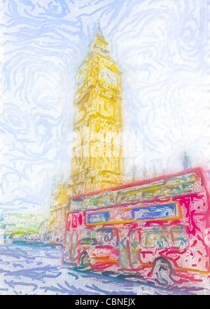 Testurizzato unico disegno digitale di un rosso classico London bus di fronte alla Casa del Parlamento il rilascio PREVISTO PER ARTWORK Foto Stock
