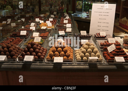 Visualizzazione dei cioccolatini in una finestra in Bruges, Belgio. Il Belgio è famoso per il delizioso cioccolato di qualità. Foto Stock