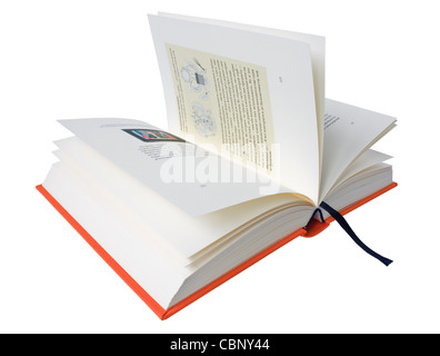 Chiudere la foto del libro aperto con segnalibro isolato su bianco Foto Stock