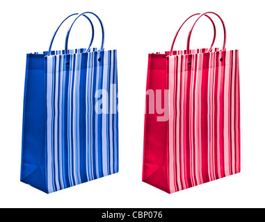 Due pacchetti di colore rosso e blu isolato su sfondo bianco Foto Stock