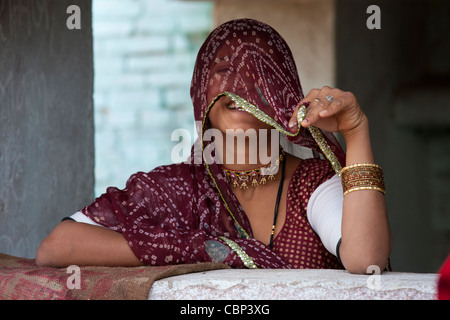 Piuttosto giovane donna indiana che copre il volto a casa nel villaggio Narlai nel Rajasthan, India settentrionale Foto Stock