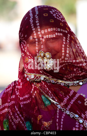 Piuttosto giovane donna indiana modestamente velato nel villaggio Narlai nel Rajasthan, India settentrionale Foto Stock