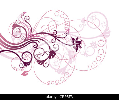 Viola e rosa fiori, foglie e volute elemento di design Foto Stock