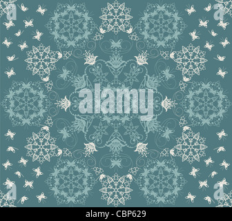 Seamless aqua verde fiori e farfalle rotondi Foto Stock