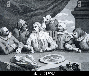 Uovo di Colombo, l'uovo di Colombo o 'Colombo rompere l'uovo' incisione di William Hogarth, 1752. Illustrazione o incisione vintage Foto Stock