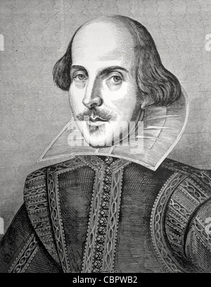 William Shakespeare (1564-1616) Ritratto di Martin Droeshout. Frontespizio della prima edizione di Folio di opere raccolte nel 1623. Illustrazione o incisione vintage Foto Stock