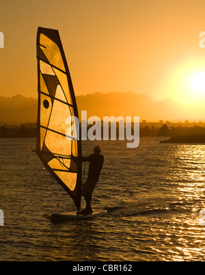 Silhouette di uomo sulla vela windsurf sulla luce arancione del tramonto sullo sfondo Foto Stock