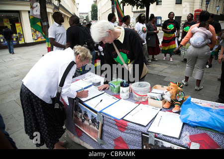 Donna firma la petizione Zimbabwe protesta Londra Foto Stock