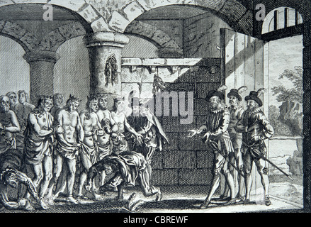 Francis Drake rilascia cinque capi indiani incarcerati in America centrale o meridionale (in conflitto con lo spagnolo), c18th Engraving o Vintage Illustration Foto Stock