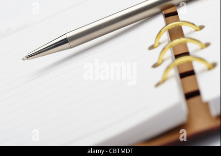 Aprire il notebook con il legame di rame e di stile Pen. Esso è isolato su sfondo bianco Foto Stock