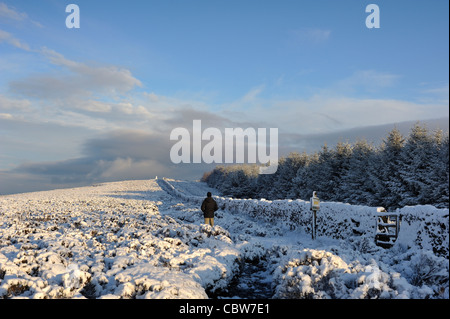 Un camminatore su Longridge cadde pause come le nuvole di neve iniziano a rotolare in nuovo. Foto Stock