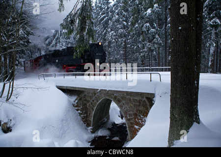 Treno a vapore Brockenbahn viaggiando attraverso il paesaggio innevato vicino Schiercke, Montagne Harz, Sassonia-Anhalt, Germania Foto Stock