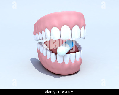 Aprire dentiera con pillola 3d illustrazione Foto Stock