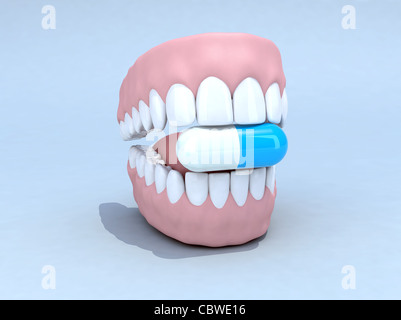Aprire dentiera con pillola 3d illustrazione Foto Stock