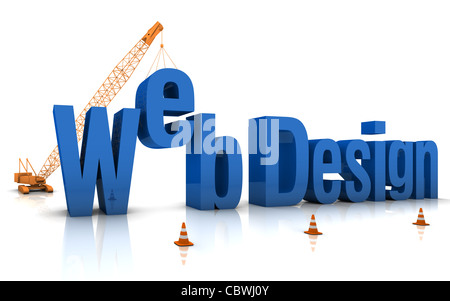 Gru di cantiere la costruzione di Web Design 3D di parole. Foto Stock