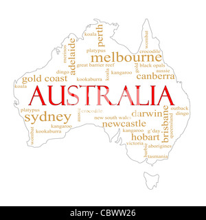 Una mappa di Australia con diversi termini australiana intorno ad esso come a Melbourne e Canberra, canguro, gli aborigeni Darwin e altro ancora Foto Stock