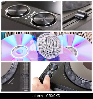 Strumenti del dj collage con parti di lettore di CD, microfono e mixer Foto Stock