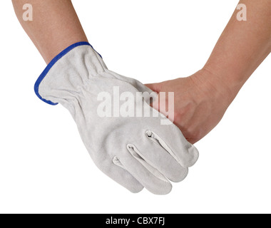 Due mani ogni altra, una coperta da un guanto con un grigio chiaro guanto di lavoro.Studio shot in bianco indietro Foto Stock