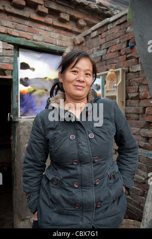 Xiadian, Pechino. Femmina lavoratore migrante di fronte la sua famiglia è una casa in camera. Foto Stock