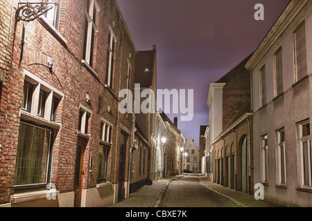 Tradizionale strada medievale di Bruges. Riprese notturne di una strada con la tradizionale architettura fiamminga di Brugge in Belgio. Foto Stock