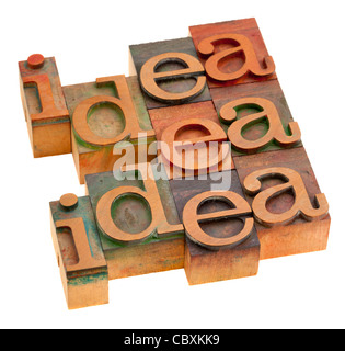 Idea astratta di parola in legno vintage rilievografia tipo isolato su bianco Foto Stock