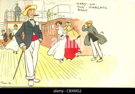 Cartolina di fumetti da Tom Browne di Londra dandy sulla barca a Margate Foto Stock