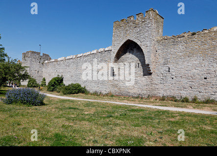 Le mura della città medievale di parete ad anello con torri, intorno alla medievale città anseatica di Visby sull'isola svedese di Gotland nel Mar Baltico Foto Stock