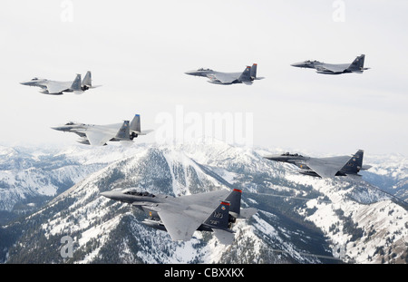 Una formazione a sei navi di Aquila F-15C e Aquile F-15E Strike dalla 366th Fighter Wing alla base dell'aeronautica di Mountain Home, Idaho, sorvola le vicine montagne Sawtooth 13 ottobre 2009. Foto Stock