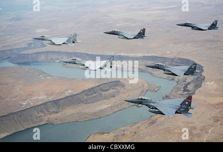 Una formazione a sei navi di Aquila F-15C e Aquile F-15E Strike dalla 366th Fighter Wing alla base dell'aeronautica di Mountain Home, Idaho, vola sopra lo stato 13 ottobre 2009. Foto Stock